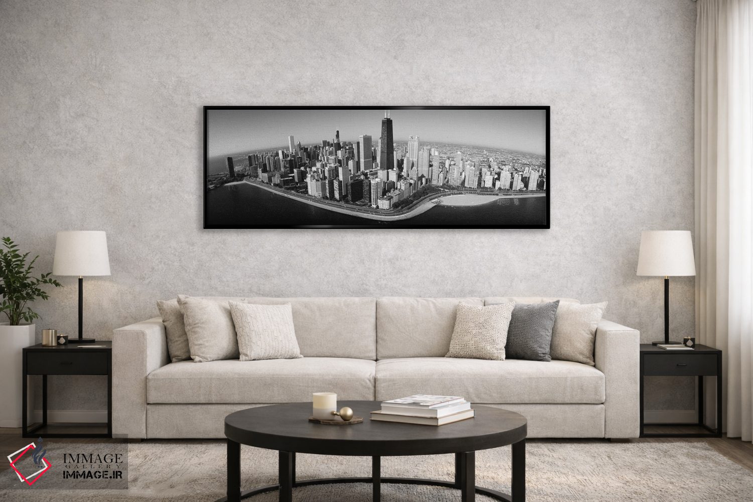 تابلو دکوراتیو نمای هوایی ساختمان ها در یک شهر، دریاچه میشیگان، جاده س… اثر پانورامیک ایمجز - D6B