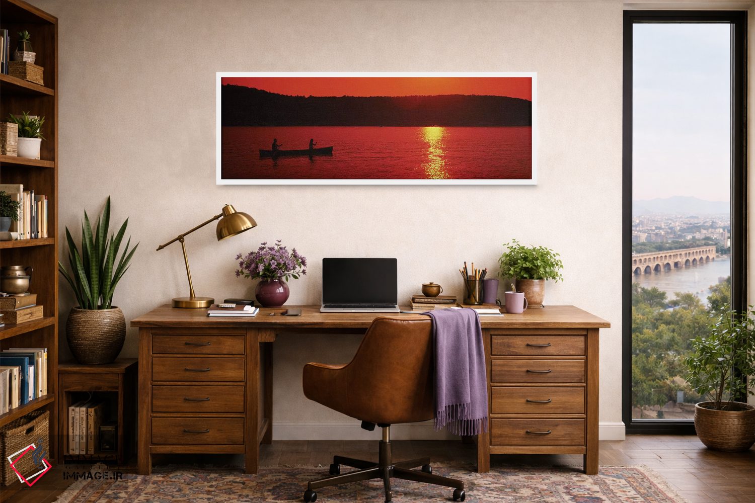 تابلو دکوراتیو گردشگران در حال قایق سواری در دریاچه در غروب خورشید، در… اثر پانورامیک ایمجز - D1W