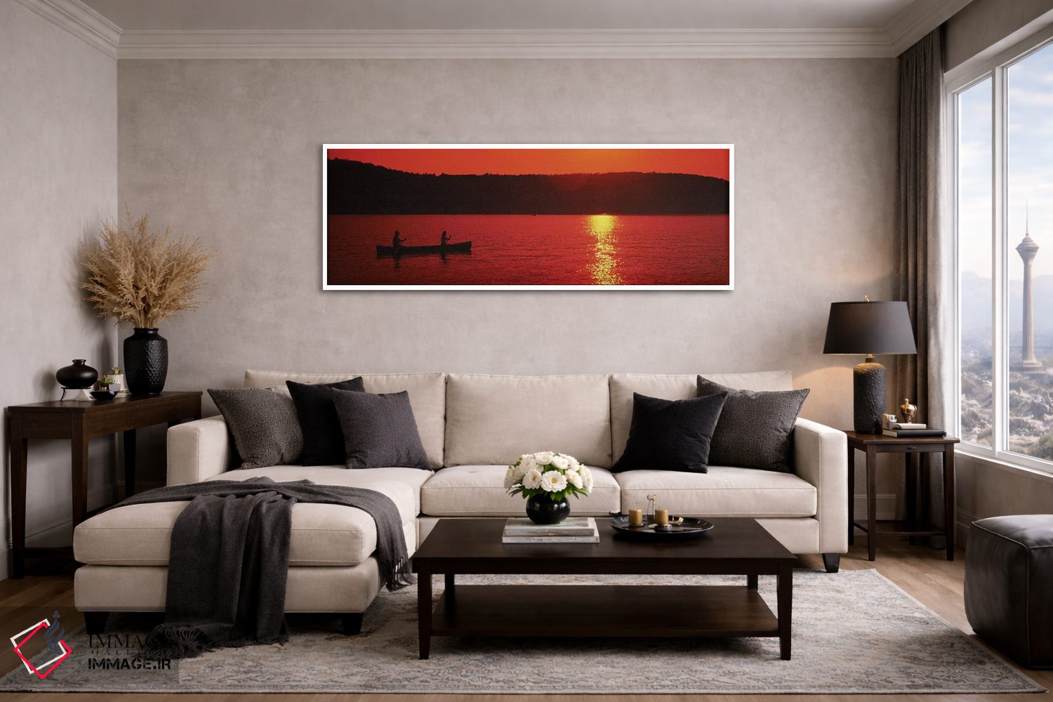تابلو دکوراتیو گردشگران در حال قایق سواری در دریاچه در غروب خورشید، در… اثر پانورامیک ایمجز - D3W