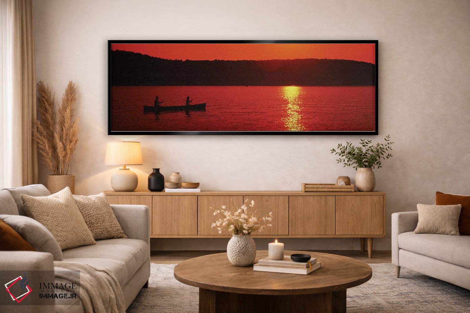 تابلو دکوراتیو گردشگران در حال قایق سواری در دریاچه در غروب خورشید، در… اثر پانورامیک ایمجز - D4B