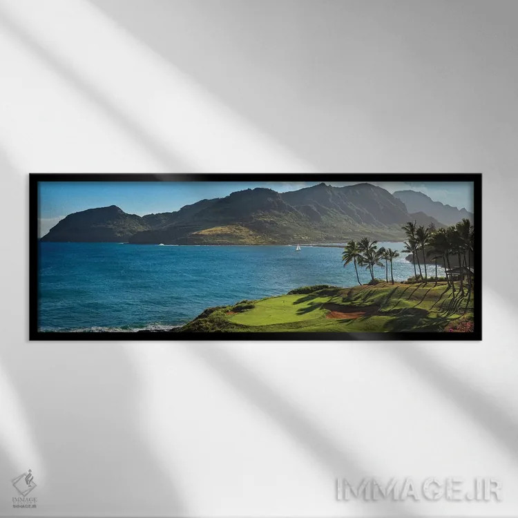 تابلو دکوراتیو درختان نخل در میدان گلف ۲، لاگون های کاوایی، کاوایی، ها… اثر پانورامیک ایمجز - نمای قابدار مشکی