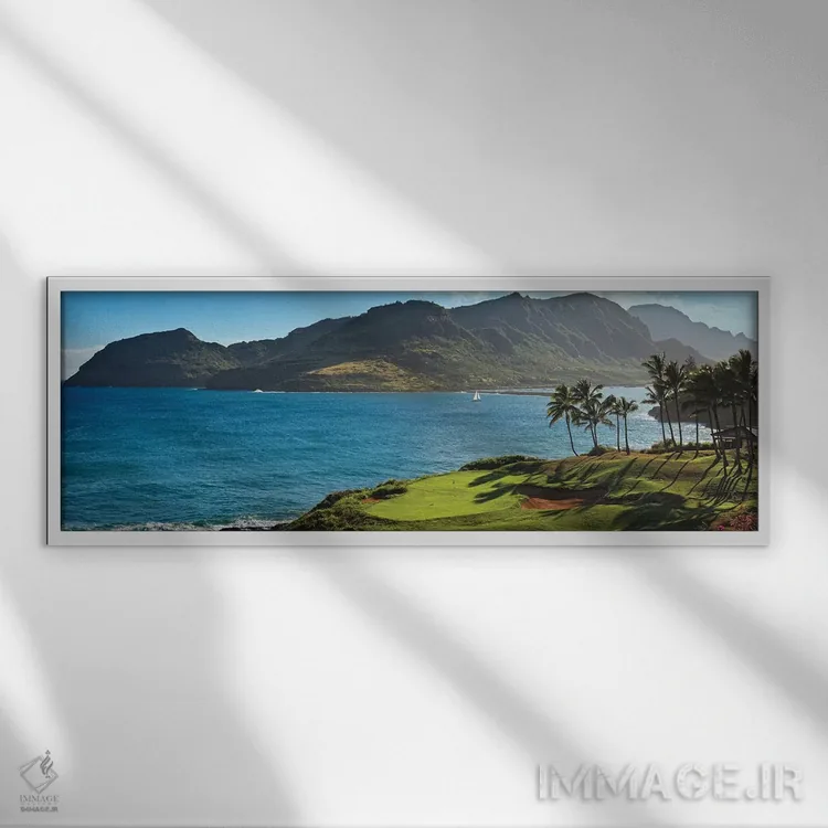 تابلو دکوراتیو درختان نخل در میدان گلف ۲، لاگون های کاوایی، کاوایی، ها… اثر پانورامیک ایمجز - نمای قابدار سفید