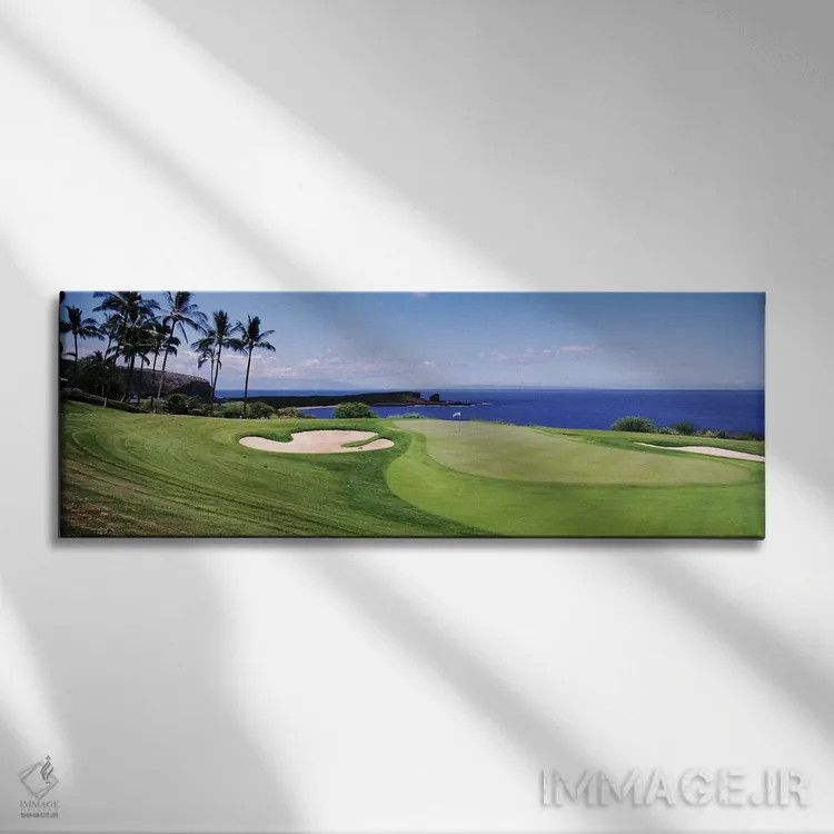 تابلو دکوراتیو زمین گلف در کنار اقیانوس، زمین گلف مانه له، شهر لانایی… اثر پانورامیک ایمجز - نمای روبهرو روی دیوار