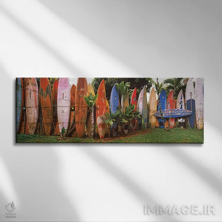 تابلو دکوراتیو تخته های موج سواری چیده شده، مائوی، هاوایی، ایالات متحد… اثر پانورامیک ایمجز - نمای روبهرو روی دیوار