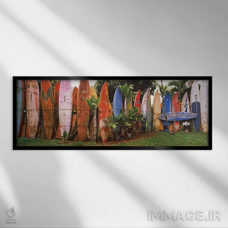 تابلو دکوراتیو تخته های موج سواری چیده شده، مائوی، هاوایی، ایالات متحد… اثر پانورامیک ایمجز - نمای قابدار مشکی
