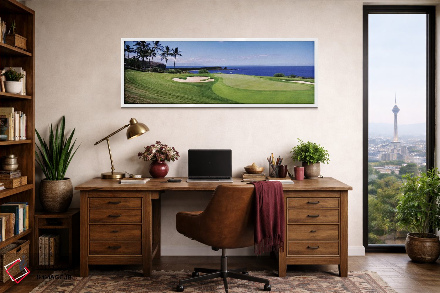 تابلو دکوراتیو زمین گلف در کنار اقیانوس، زمین گلف مانه له، شهر لانایی… اثر پانورامیک ایمجز - D1W