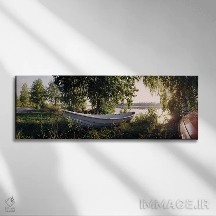 تابلو دکوراتیو قایق بر روی ساحل ۲، رودخانه ووکسی، ایماترا، فنلاند اثر پانورامیک ایمجز - نمای روبهرو روی دیوار