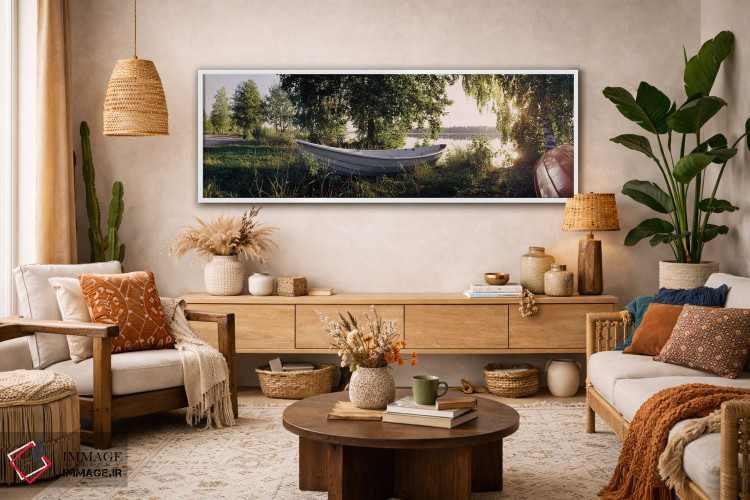 تابلو دکوراتیو قایق بر روی ساحل ۲، رودخانه ووکسی، ایماترا، فنلاند اثر پانورامیک ایمجز - D3W