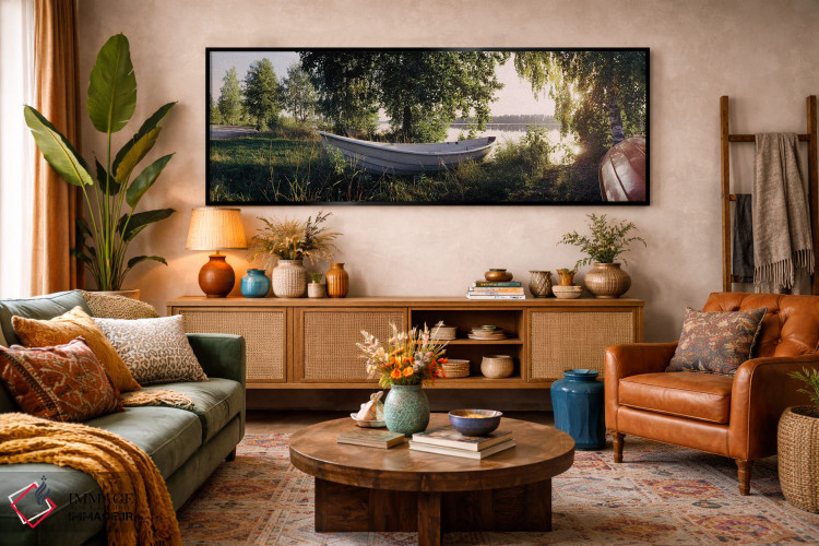 تابلو دکوراتیو قایق بر روی ساحل ۲، رودخانه ووکسی، ایماترا، فنلاند اثر پانورامیک ایمجز - D4B