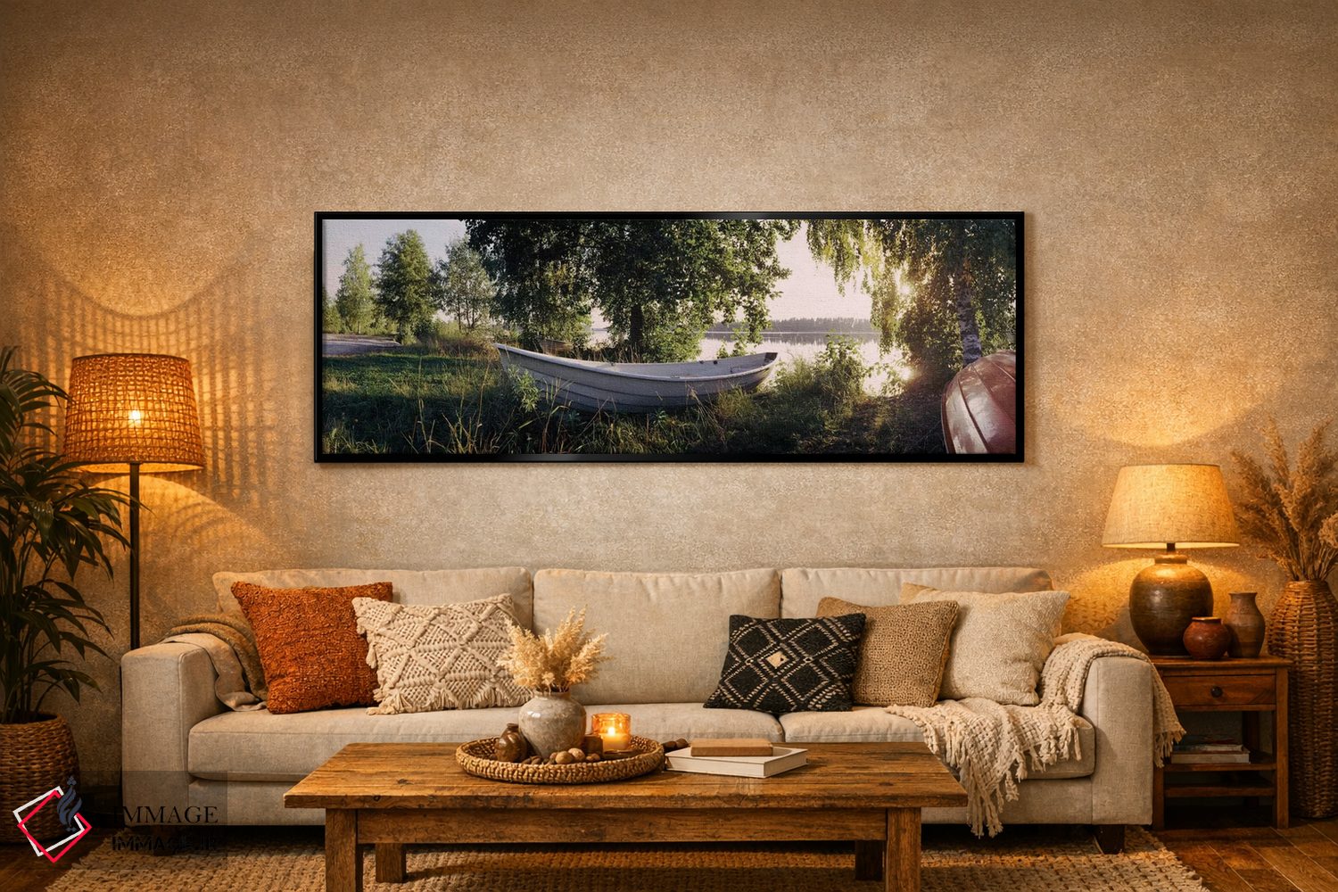 تابلو دکوراتیو قایق بر روی ساحل ۲، رودخانه ووکسی، ایماترا، فنلاند اثر پانورامیک ایمجز - D6B