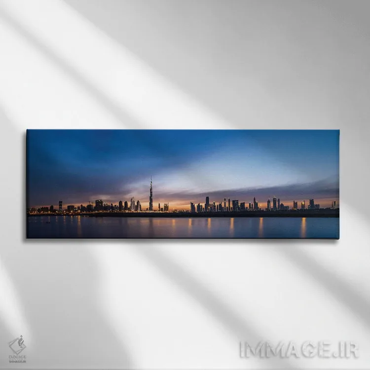 تابلو دکوراتیو Dubai, United Arab Emirates" - "خط افق مرکز شهر در غروب… اثر پانورامیک ایمجز - نمای روبهرو روی دیوار