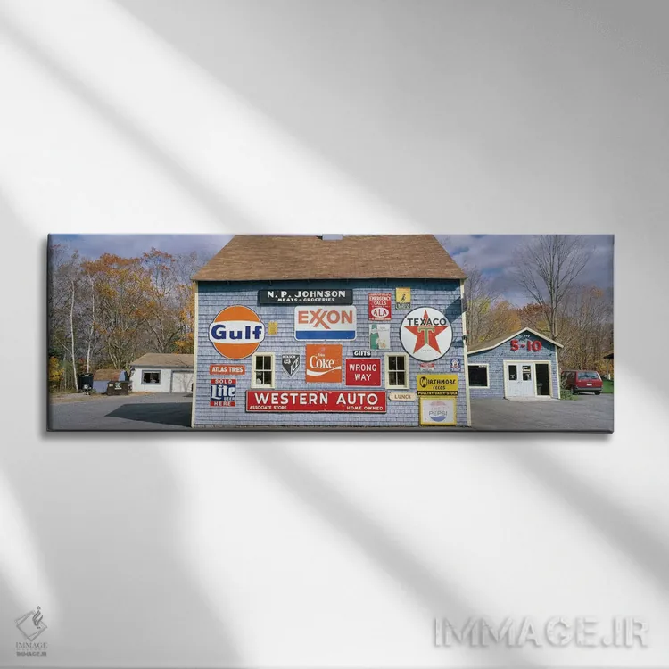 تابلو دکوراتیو "نمای بیرونی اجاق و بخاری عتیقه لاو بارن، اورلند، شهرست… اثر پانورامیک ایمجز - نمای روبهرو روی دیوار