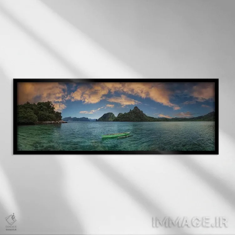 تابلو دکوراتیو قایق در لاگون با کوه در پس زمینه، ال نیدو، پالاوان، فیل… اثر پانورامیک ایمجز - نمای قابدار مشکی