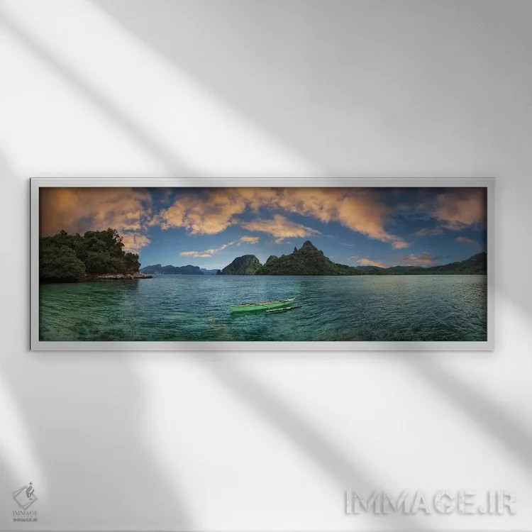 تابلو دکوراتیو قایق در لاگون با کوه در پس زمینه، ال نیدو، پالاوان، فیل… اثر پانورامیک ایمجز - نمای قابدار سفید