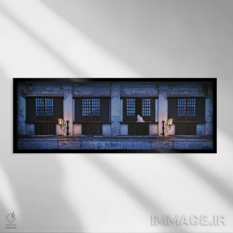 تابلو دکوراتیو "گربه ای که بر روی لبه پنجره ساختمان نشسته، ویگان، ایلو… اثر پانورامیک ایمجز - نمای قابدار مشکی