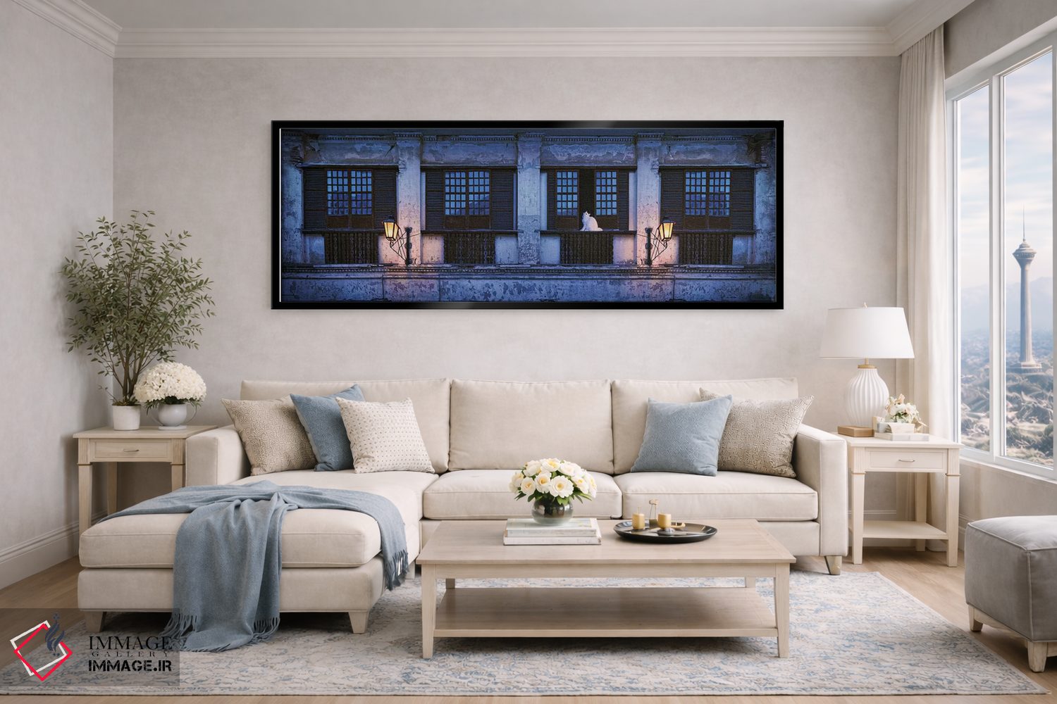 تابلو دکوراتیو "گربه ای که بر روی لبه پنجره ساختمان نشسته، ویگان، ایلو… اثر پانورامیک ایمجز - D5B