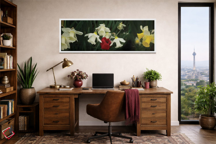 تابلو دکوراتیو "نمای نزدیک گل های نرگس با یک لاله قرمز" اثر پانورامیک ایمجز - D2W