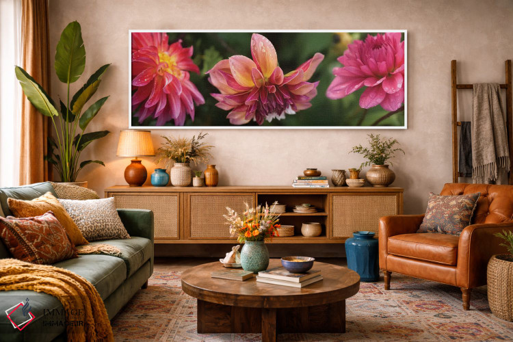 تابلو دکوراتیو "نمای نزدیک گل های داهلیا در حال شکوفایی روی گیاه I" اثر پانورامیک ایمجز - D2W