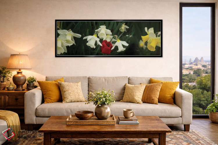 تابلو دکوراتیو "نمای نزدیک گل های نرگس با یک لاله قرمز" اثر پانورامیک ایمجز - D5B