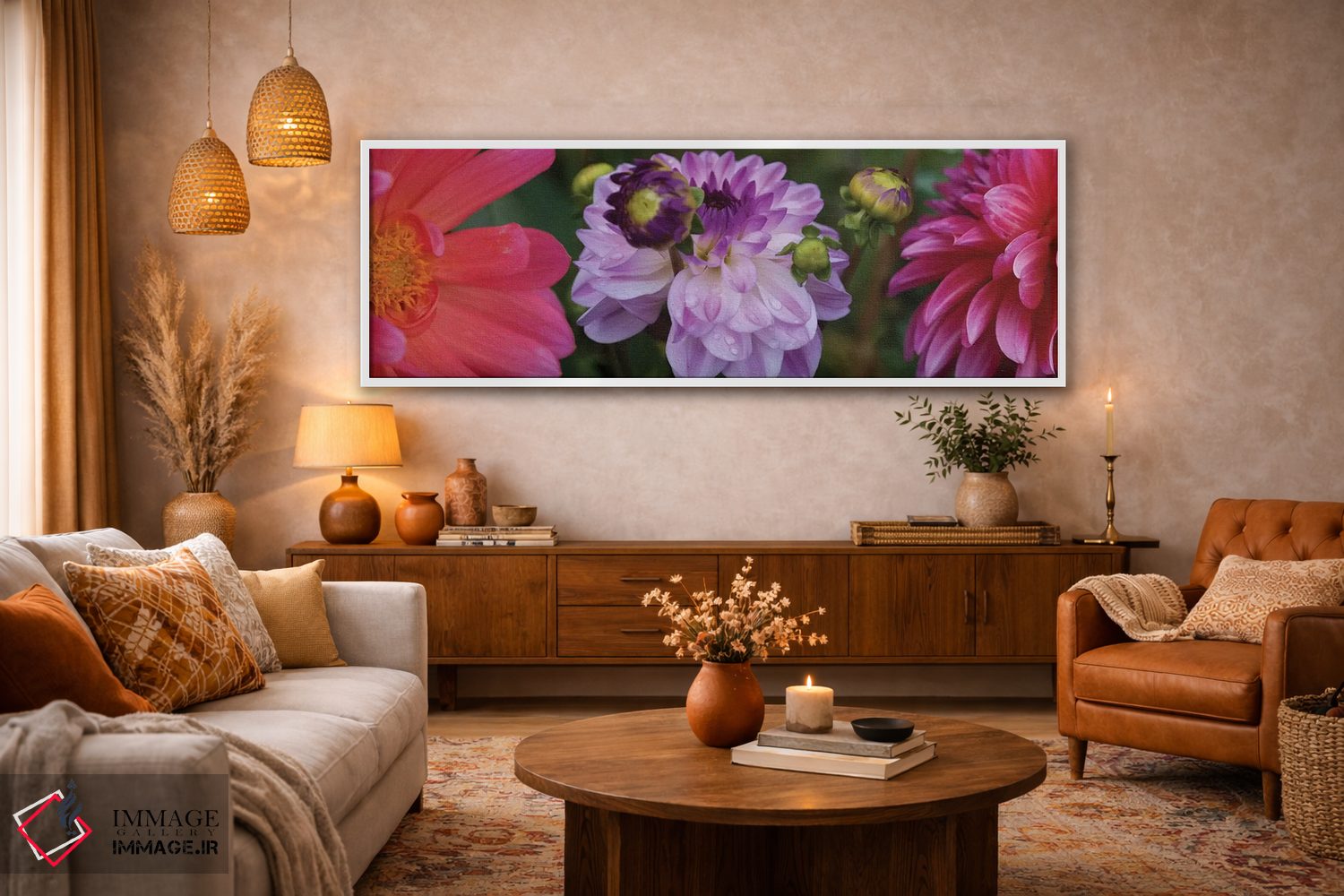 تابلو دکوراتیو "نمای نزدیک گل های داهلیا در حال شکوفایی روی گیاه III" اثر پانورامیک ایمجز - D4W