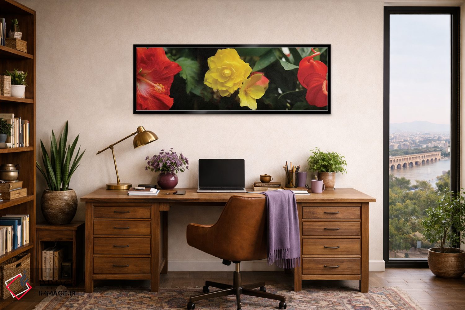 تابلو دکوراتیو "نمای نزدیک گل های هیبیسکوس، رز و آنتوریوم" اثر پانورامیک ایمجز - D2B