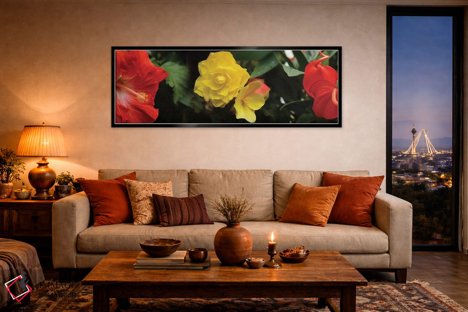 تابلو دکوراتیو "نمای نزدیک گل های هیبیسکوس، رز و آنتوریوم" اثر پانورامیک ایمجز - D5B