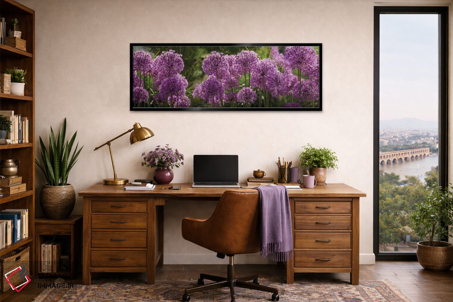 تابلو دکوراتیو گل های آلیوم پافبال بنفش نزدیک اثر پانورامیک ایمجز - D3B