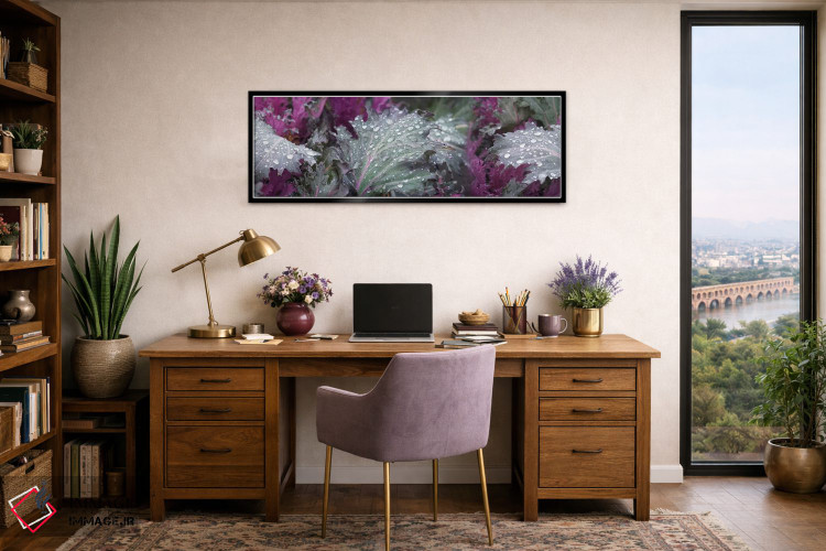 تابلو دکوراتیو قطرات باران روی برگ های سبز و بنفش نزدیک اثر پانورامیک ایمجز - D2B