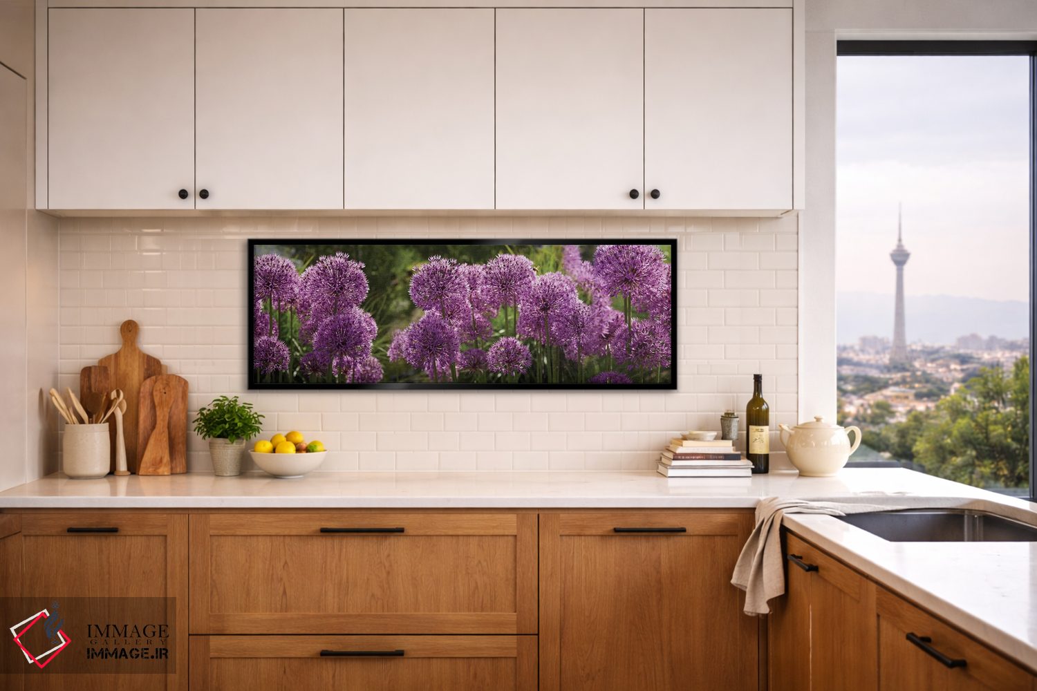 تابلو دکوراتیو گل های آلیوم پافبال بنفش نزدیک اثر پانورامیک ایمجز - D5B