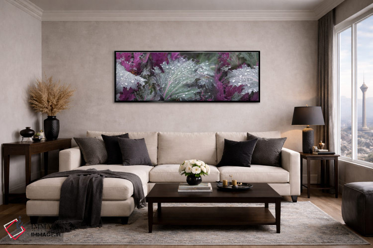 تابلو دکوراتیو قطرات باران روی برگ های سبز و بنفش نزدیک اثر پانورامیک ایمجز - D5B