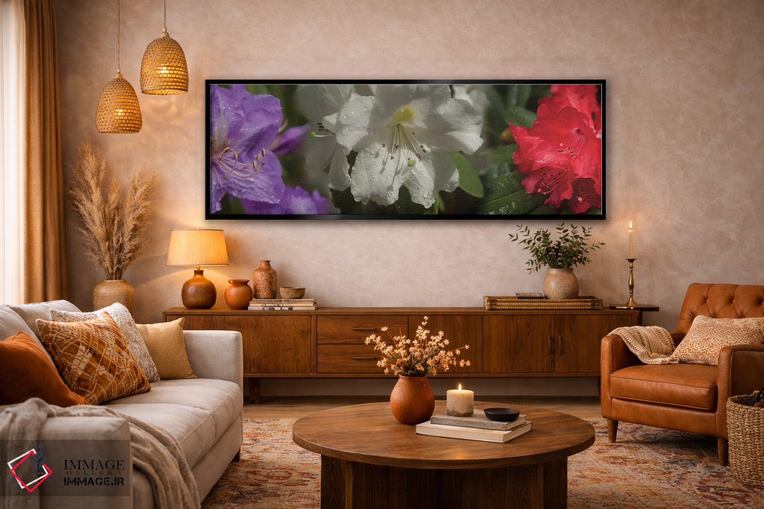 تابلو دکوراتیو باران روی گل های رودودندرون مختلف نزدیک اثر پانورامیک ایمجز - D6B