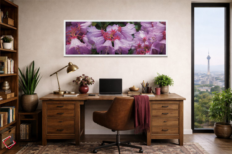 تابلو دکوراتیو قطرات باران روی گل های رودودندرون نزدیک I اثر پانورامیک ایمجز - D1W