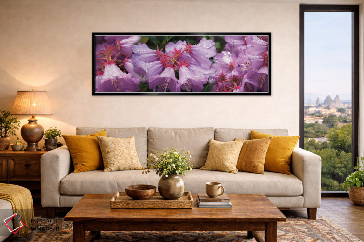 تابلو دکوراتیو قطرات باران روی گل های رودودندرون نزدیک I اثر پانورامیک ایمجز - D6B