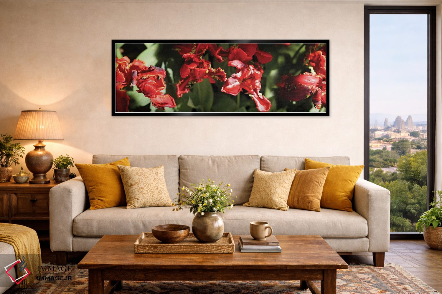 تابلو دکوراتیو گل های قرمز در حال شکوفه دادن روی گیاه نزدیک اثر پانورامیک ایمجز - D6B