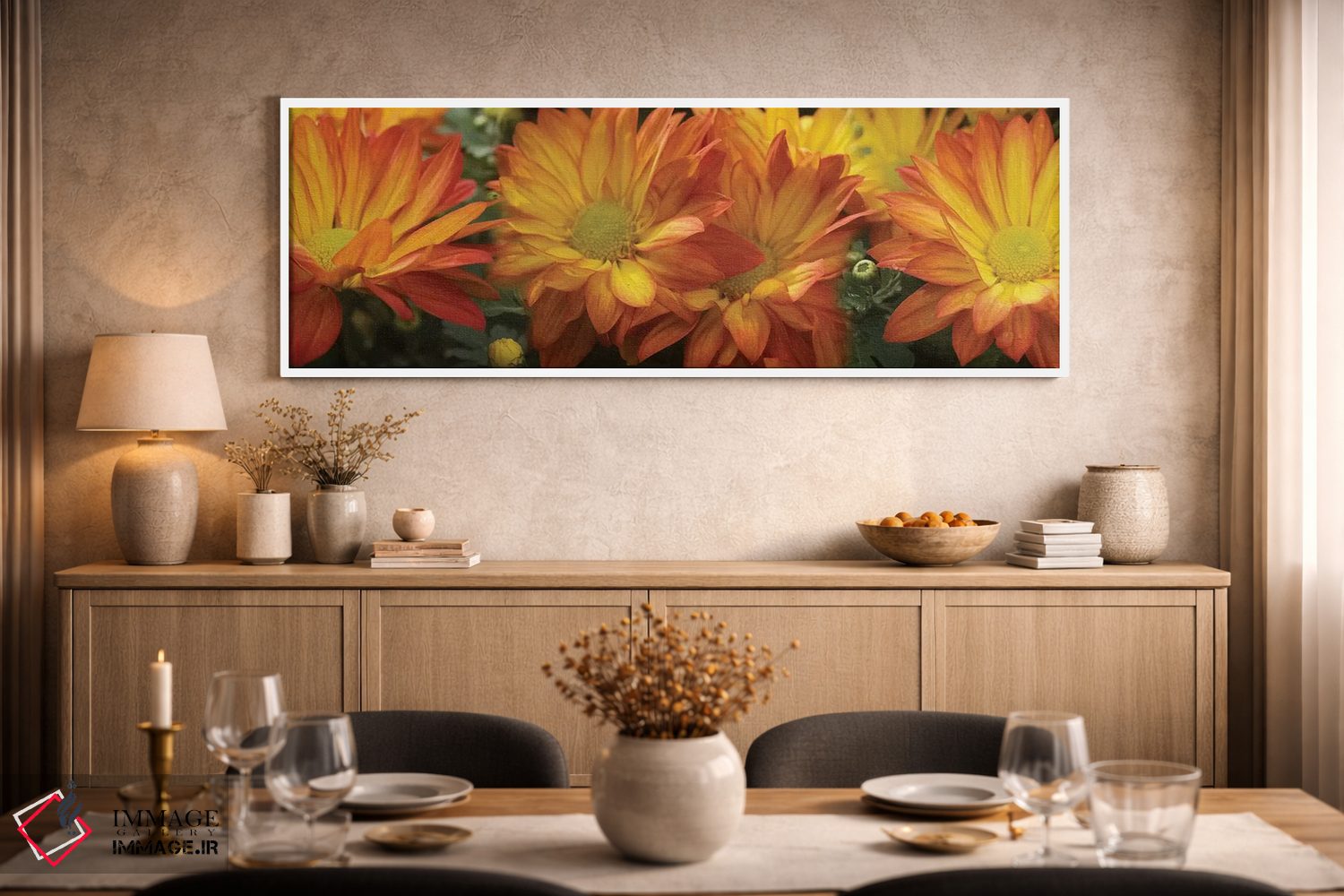 تابلو دکوراتیو گل های داوودی ژربرا زرد نزدیک اثر پانورامیک ایمجز - D1W