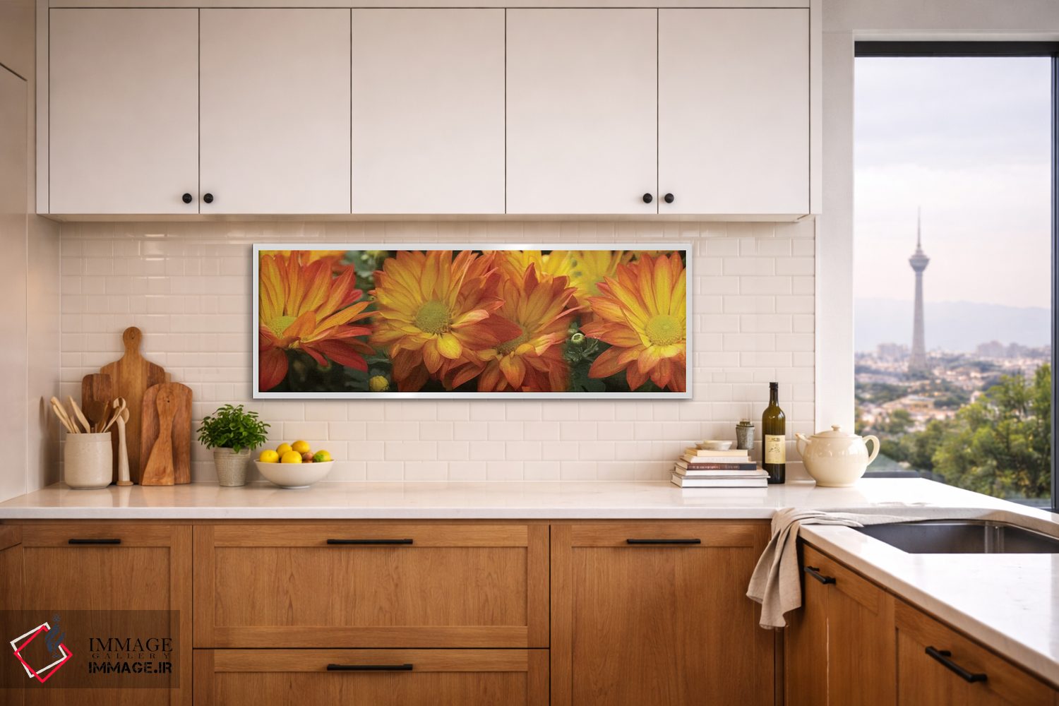 تابلو دکوراتیو گل های داوودی ژربرا زرد نزدیک اثر پانورامیک ایمجز - D2W