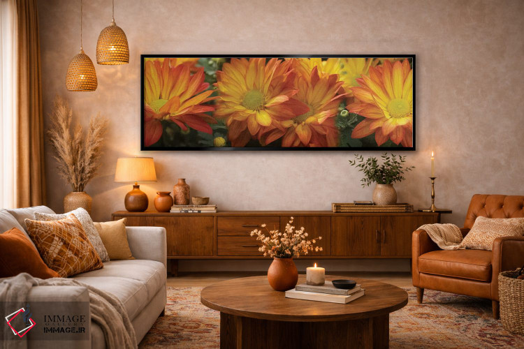 تابلو دکوراتیو گل های داوودی ژربرا زرد نزدیک اثر پانورامیک ایمجز - D5B