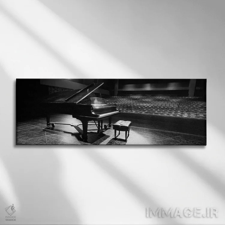 تابلو دکوراتیو پیانو بزرگ روی صحنه سالن کنسرت، دانشگاه هاوایی، هیلو، ه… اثر پانورامیک ایمجز - نمای روبهرو روی دیوار