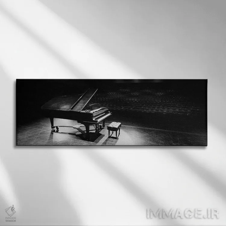 تابلو دکوراتیو پیانو بزرگ روی صحنه سالن کنسرت، دانشگاه هاوایی، هیلو، ه… اثر پانورامیک ایمجز - نمای روبهرو روی دیوار