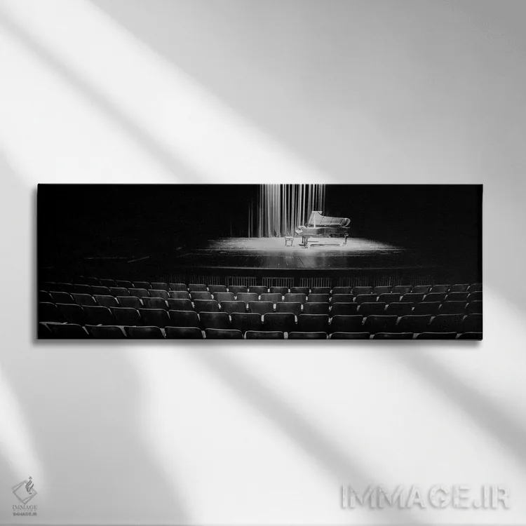 تابلو دکوراتیو پیانو بزرگ روی صحنه سالن کنسرت، دانشگاه هاوایی، هیلو، ه… اثر پانورامیک ایمجز - نمای روبهرو روی دیوار