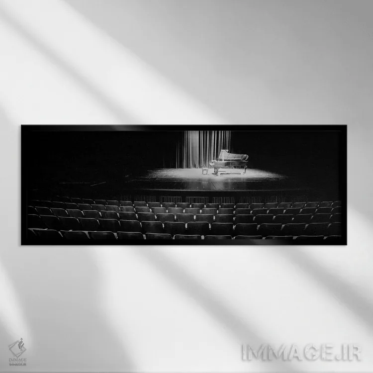 تابلو دکوراتیو پیانو بزرگ روی صحنه سالن کنسرت، دانشگاه هاوایی، هیلو، ه… اثر پانورامیک ایمجز - نمای قابدار مشکی