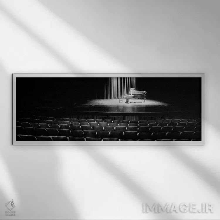 تابلو دکوراتیو پیانو بزرگ روی صحنه سالن کنسرت، دانشگاه هاوایی، هیلو، ه… اثر پانورامیک ایمجز - نمای قابدار سفید