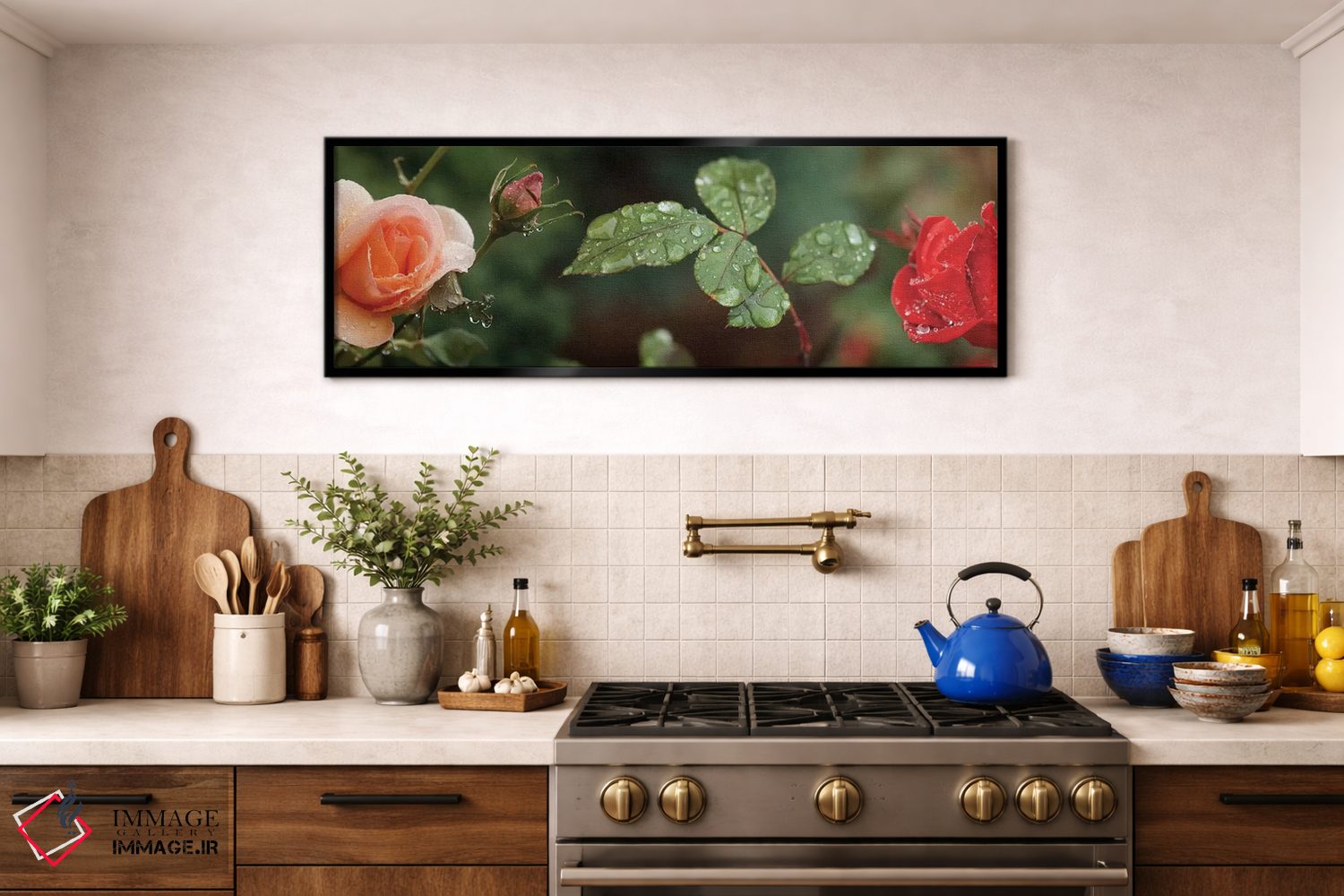 تابلو دکوراتیو "قطره باران روی گل ها و برگ های گل رز" اثر پانورامیک ایمجز - D1B