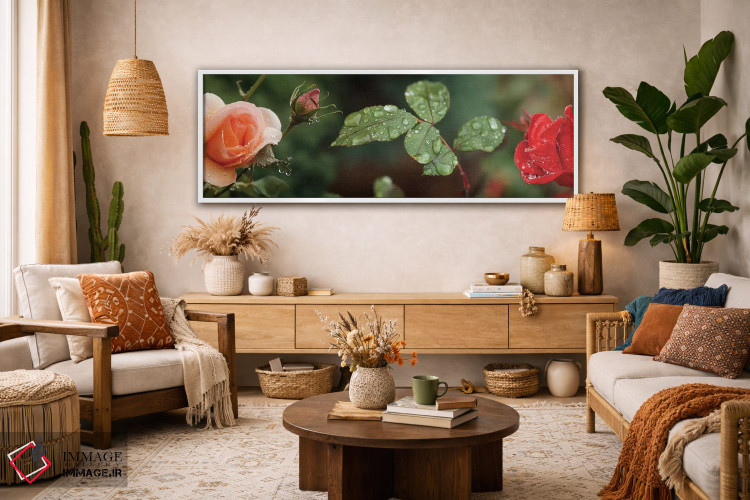 تابلو دکوراتیو "قطره باران روی گل ها و برگ های گل رز" اثر پانورامیک ایمجز - D3W