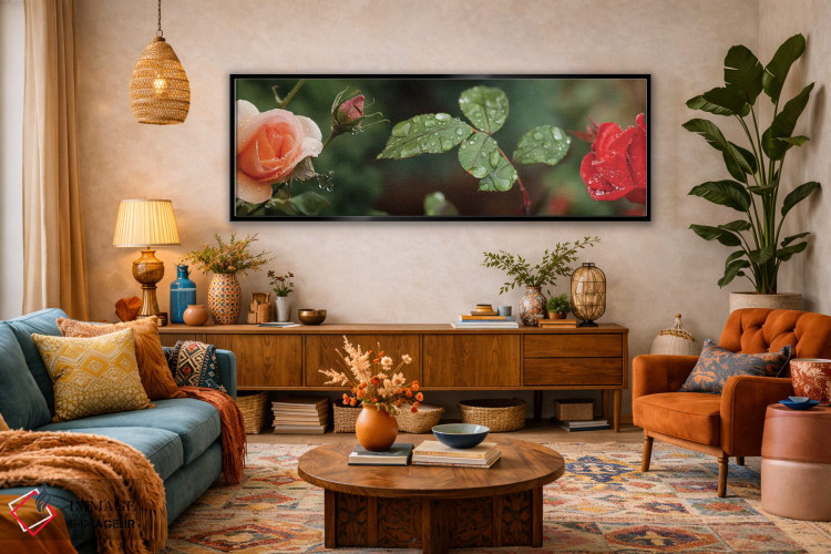 تابلو دکوراتیو "قطره باران روی گل ها و برگ های گل رز" اثر پانورامیک ایمجز - D4B