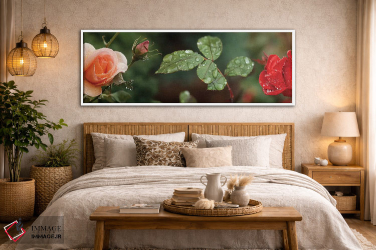 تابلو دکوراتیو "قطره باران روی گل ها و برگ های گل رز" اثر پانورامیک ایمجز - D6W