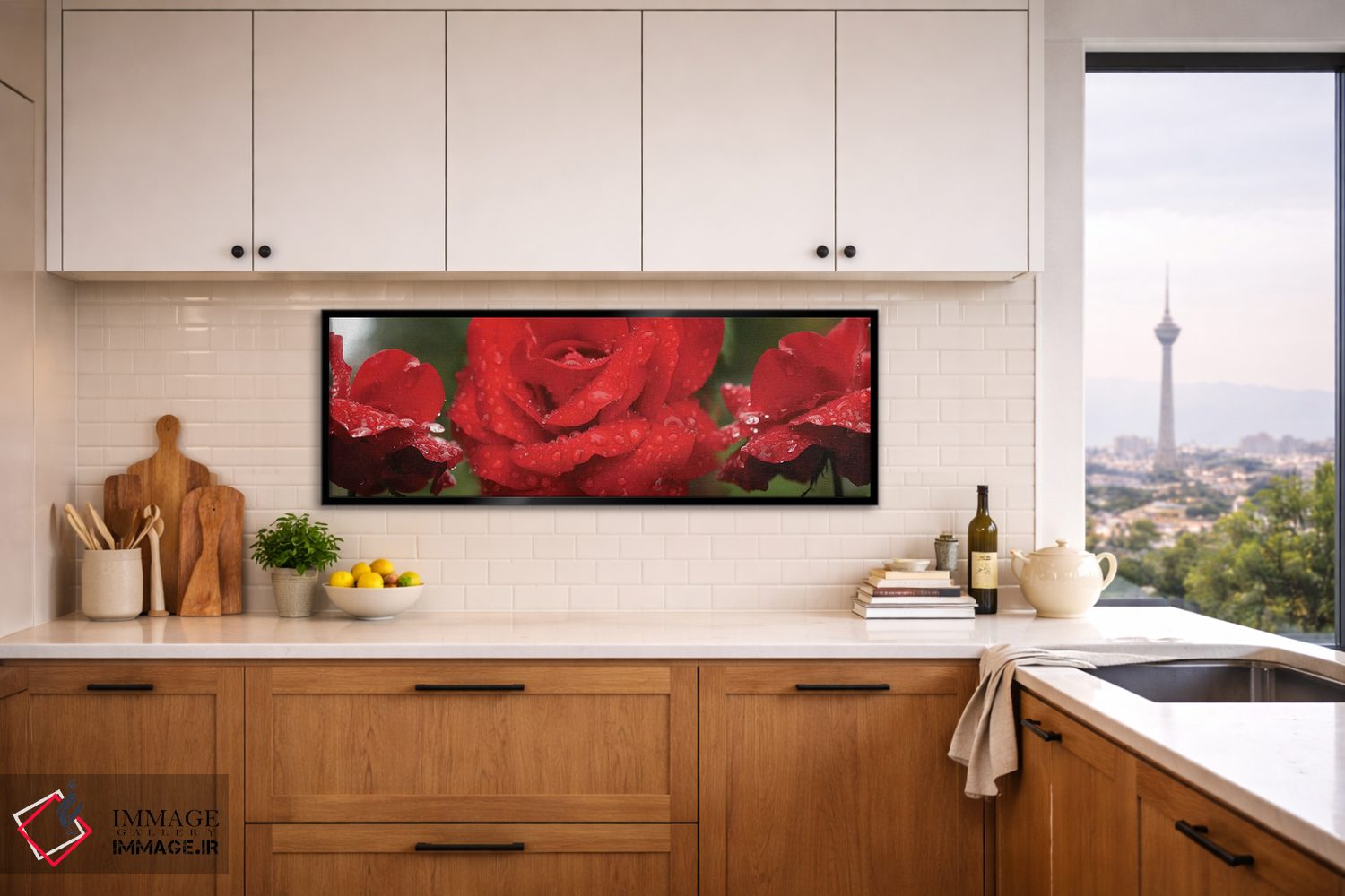 تابلو دکوراتیو "قطرات باران روی گل های رز قرمز" اثر پانورامیک ایمجز - D5B