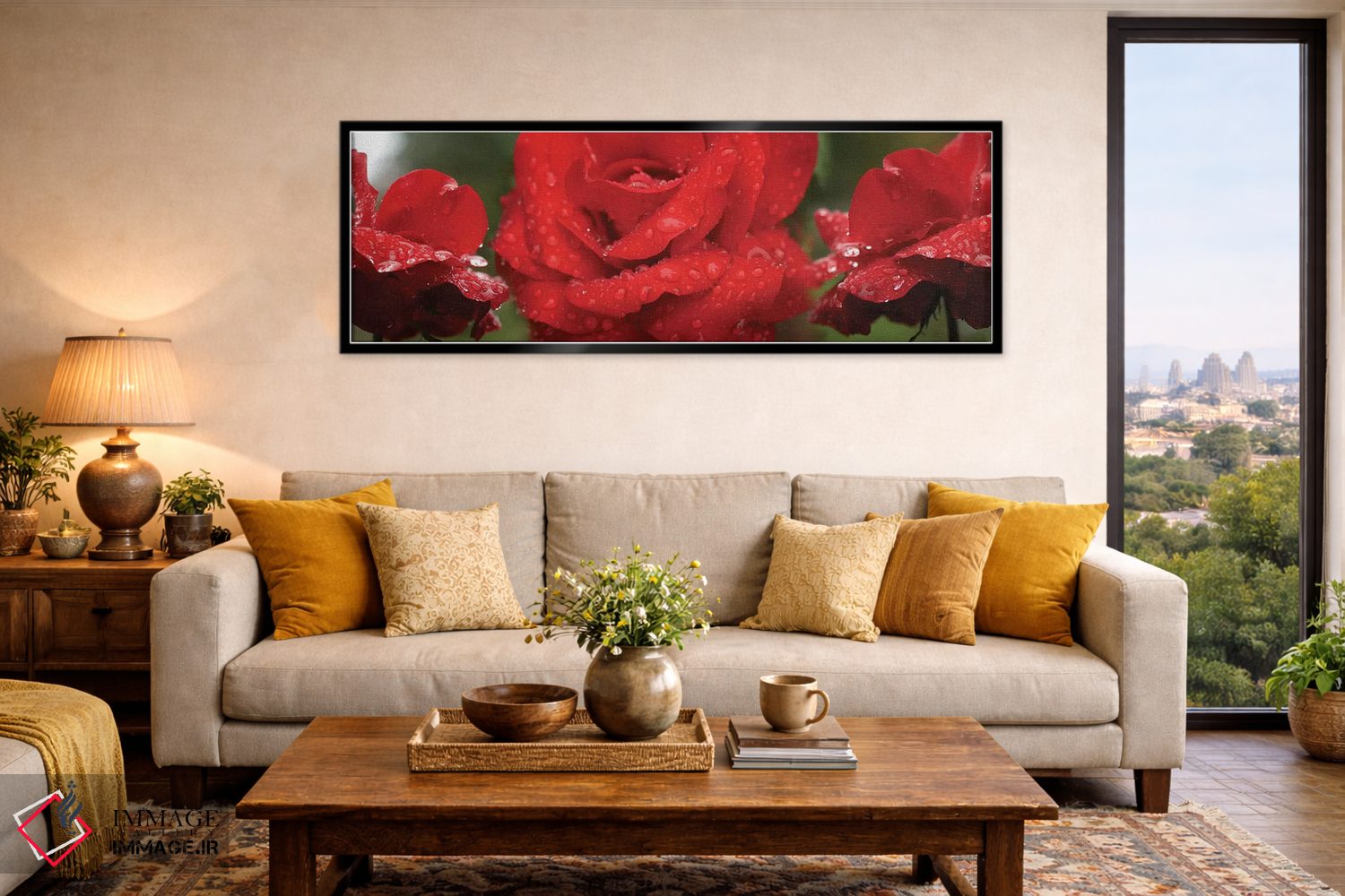 تابلو دکوراتیو "قطرات باران روی گل های رز قرمز" اثر پانورامیک ایمجز - D6B