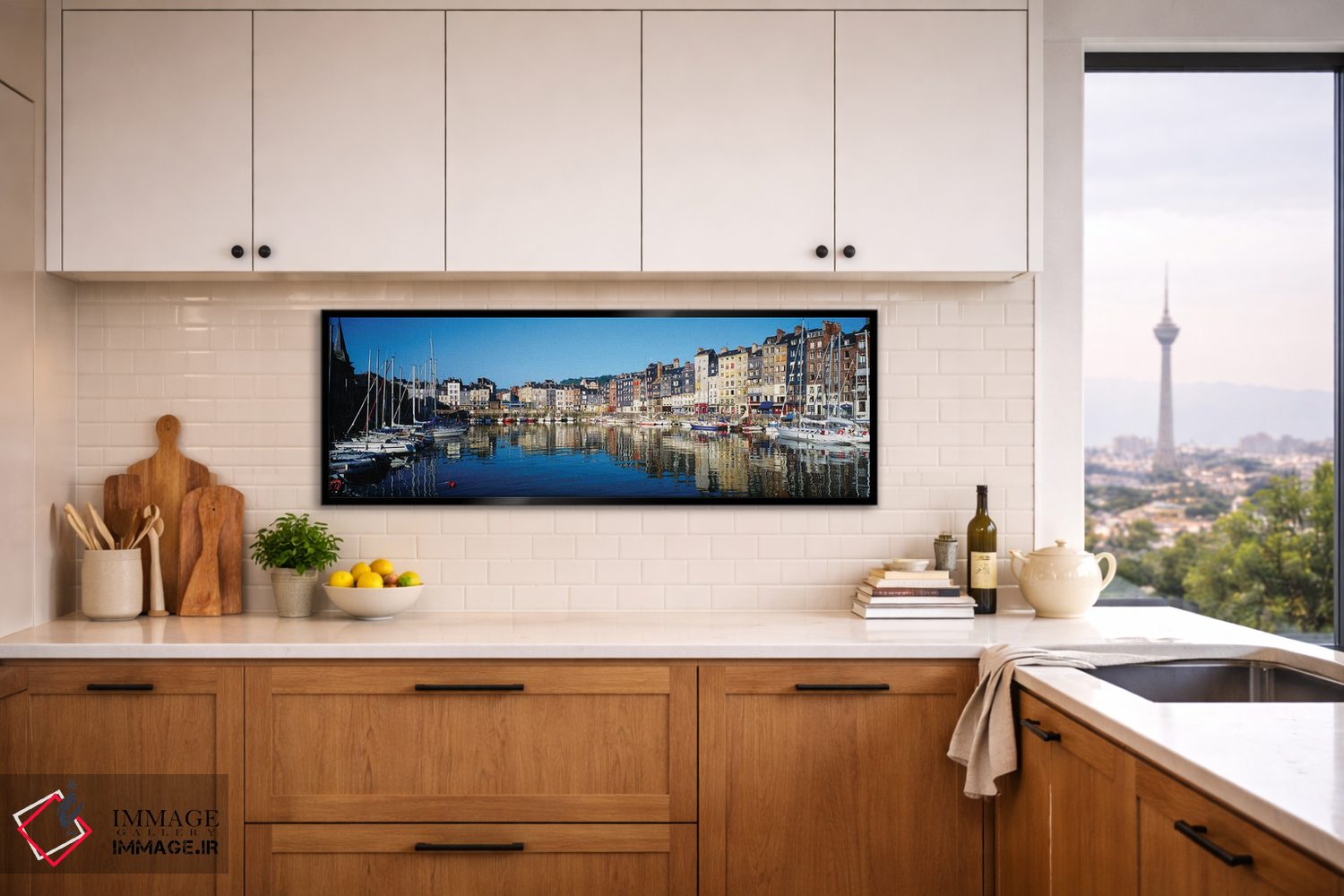 تابلو دکوراتیو "بازتاب ساختمان ها در آب، هونفلور، نرماندی، کالفادوس، ف… اثر پانورامیک ایمجز - D6B