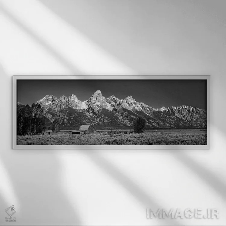 تابلو دکوراتیو "انبار در دشت قبل از کوه ها، پارک ملی گرند تیتون، وایوم… اثر پانورامیک ایمجز - نمای قابدار سفید